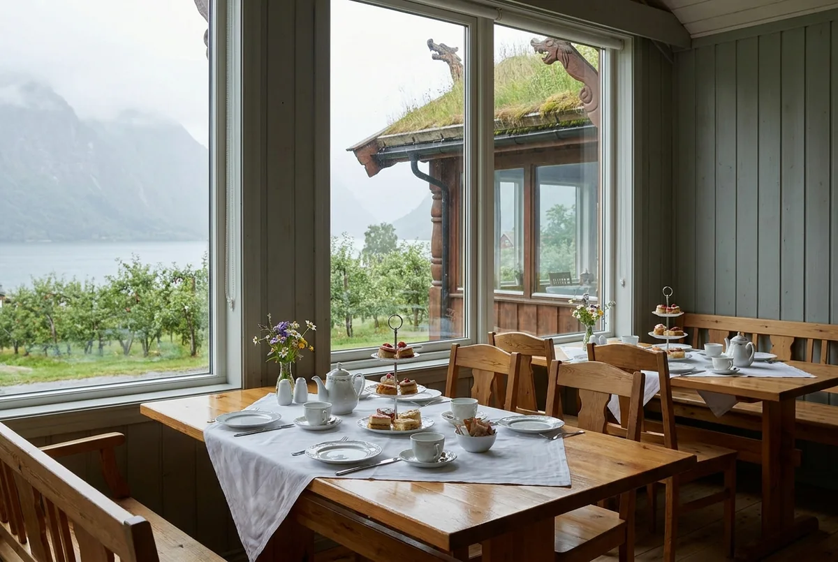 Timber dining room set for breakfast, panorama windows to the water
