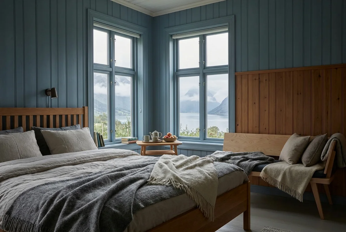 Corner suite with oiled birch, wool throws and tall windows filled with the orchard fjord