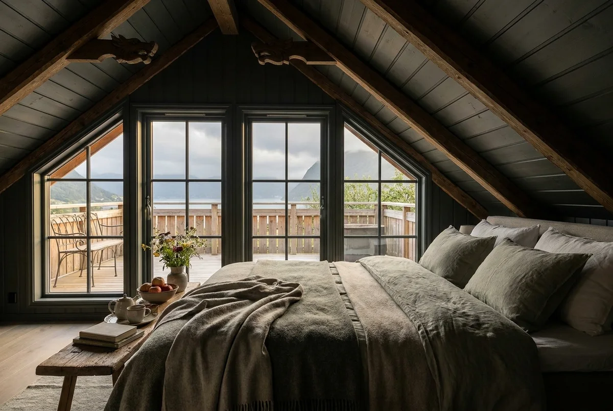 Warm double under the eaves with lichen-toned linen and a private terrace catching the long southern evening