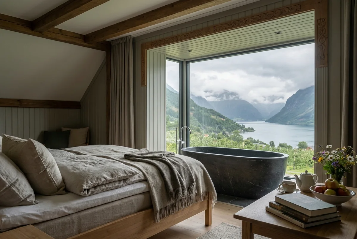 Top-floor suite with a deep soaking tub set below the wide panorama glass over the Sognefjord arm
